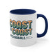 White mug with a Navy accent and a retro stacked "Coast to Coast Pickleball apparel + accessories" logo