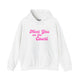 White pickleball hoodie with a pink script Meet You on the Court text design