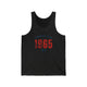 Black Heather unisex pickleball tank top with colorful "1965" numerals over a "PICKLEBALL" wordmark