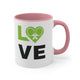 White mug with a Pink accent and "LOVE" text with a paddle-and-ball heart icon