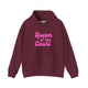 Maroon pickleball hoodie with a pink script Queen of the Court text design