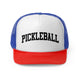 Blue/Red trucker cap with a bold arched "PICKLEBALL" wordmark