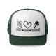Dark Green trucker cap with a "Peace Love Pickleball" design with a peace-sign hand, a heart, and a paddle and ball
