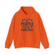 Orange pickleball hoodie with bold stacked "HAPPY PEOPLE PLAY PICKLEBALL" text and crossed paddles graphic