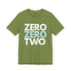 Heather green t-shirt with a stacked ZERO ZERO TWO text design