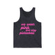 Pickleball tank top with a pink script We Wear Pink and Play Pickleball text design