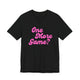 Black pickleball t-shirt with a pink script One More Game text design