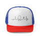 Blue/Red trucker cap with a heartbeat-line illustration incorporating a paddle and pickleball