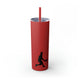 Lipstick Red skinny tumbler with straw and a silhouette illustration of a pickleball player mid-swing