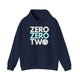 Navy hoodie with a stacked ZERO ZERO TWO text design and a pickleball replacing the O in two