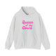 Ash pickleball hoodie with a pink script Queen of the Court text design