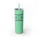 Mint skinny tumbler with straw and a line-art illustration of a pickleball court