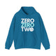 Antique sapphire hoodie with a stacked ZERO ZERO TWO text design and a pickleball replacing the O in two