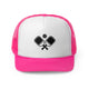 Pink trucker cap with a minimalist icon of two crossed pickleball paddles and a ball
