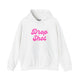 White pickleball hoodie with a pink script Drop Shot text design