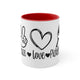 White mug with a Red accent and a "Peace Love Pickleball" design with a peace-sign hand, a heart, and a paddle and ball