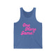 Blue triblend pickleball tank top with a pink script One More Game text design