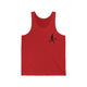 Unisex pickleball tank top with a small silhouette of a person swinging a pickleball paddle on the chest