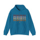 Antique sapphire hoodie with PICKLEBALL repeated in a stacked gradient text design with heart accents