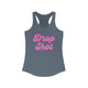 Indigo pickleball tank top with a pink script Drop Shot text design