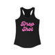 Black pickleball tank top with a pink script Drop Shot text design