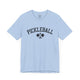 Baby blue t-shirt with an arched PICKLEBALL text design over crossed paddles
