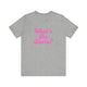 Athletic heather pickleball t-shirt with a pink script What's the Score text design