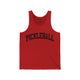 Red unisex pickleball tank top with a bold, arched collegiate-style "PICKLEBALL" wordmark