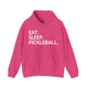 Heliconia pink hoodie with Eat. Sleep. Pickleball. text design