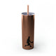 Glitter Rosegold skinny tumbler with straw and a silhouette illustration of a pickleball player mid-swing