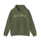 Military green hoodie with a colorful arched PICKLEBALL text design