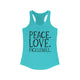 Women's racerback pickleball tank top with peace sign, heart, and pickleball paddle icons above "Peace, Love, Pickleball" text