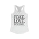 Women's racerback pickleball tank top with peace sign, heart, and pickleball paddle icons above "Peace, Love, Pickleball" text
