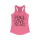 Solid Hot Pink women's racerback pickleball tank top with peace sign, heart, and pickleball paddle icons above "Peace, Love, Pickleball" text