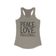 Women's racerback pickleball tank top with peace sign, heart, and pickleball paddle icons above "Peace, Love, Pickleball" text