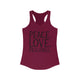 Women's racerback pickleball tank top with peace sign, heart, and pickleball paddle icons above "Peace, Love, Pickleball" text