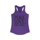 Women's racerback pickleball tank top with peace sign, heart, and pickleball paddle icons above "Peace, Love, Pickleball" text