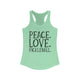 Women's racerback pickleball tank top with peace sign, heart, and pickleball paddle icons above "Peace, Love, Pickleball" text