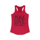 Women's racerback pickleball tank top with peace sign, heart, and pickleball paddle icons above "Peace, Love, Pickleball" text