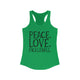 Solid Kelly Green women's racerback pickleball tank top with peace sign, heart, and pickleball paddle icons above "Peace, Love, Pickleball" text