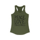 Solid Military Green women's racerback pickleball tank top with peace sign, heart, and pickleball paddle icons above "Peace, Love, Pickleball" text