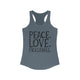 Solid Indigo women's racerback pickleball tank top with peace sign, heart, and pickleball paddle icons above "Peace, Love, Pickleball" text