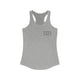 Women's racerback pickleball tank top with a small minimalist pickleball court diagram on the chest