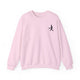 Pickleball sweatshirt with a small silhouette of a person swinging a pickleball paddle on the chest