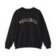 Black crewneck sweatshirt with a colorful arched PICKLEBALL text design