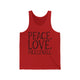 Red unisex pickleball tank top with peace sign, heart, and pickleball paddle icons above "Peace, Love, Pickleball" text