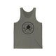Grey TriBlend unisex pickleball tank top with a circular Pickleball Bainbridge Island badge logo