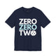 Navy t-shirt with a stacked ZERO ZERO TWO text design and a pickleball replacing the O in two