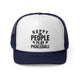 Navy trucker cap with "Happy People Play Pickleball" text with pickleball and paddle icons