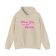 Sand pickleball hoodie with a pink script Meet You on the Court text design